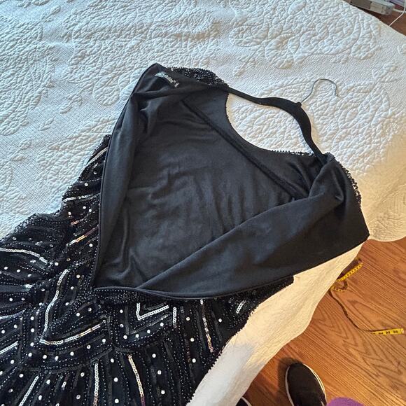 Pretty Guide 2XL Black Bead Silver Sequin Dress Cap Sleeve Fringe Bottom Lined - Picture 15 of 16